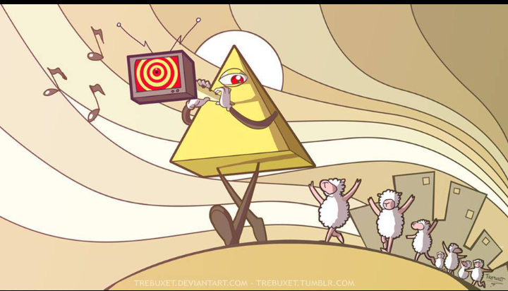 The walking pyramid playing a TV screen for dancing muttons